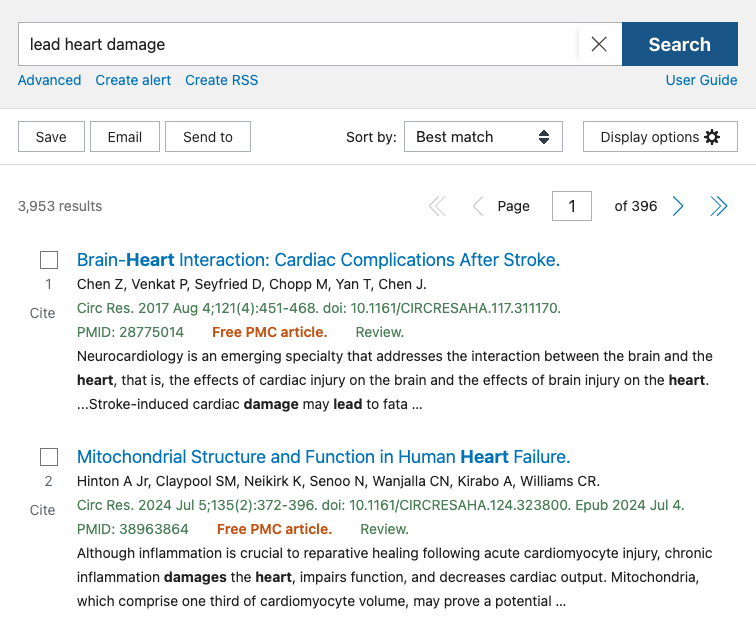 PubMed Best Match for &ldquo;lead heart damage&rdquo;: the top hit matches &ldquo;lead&rdquo; as the