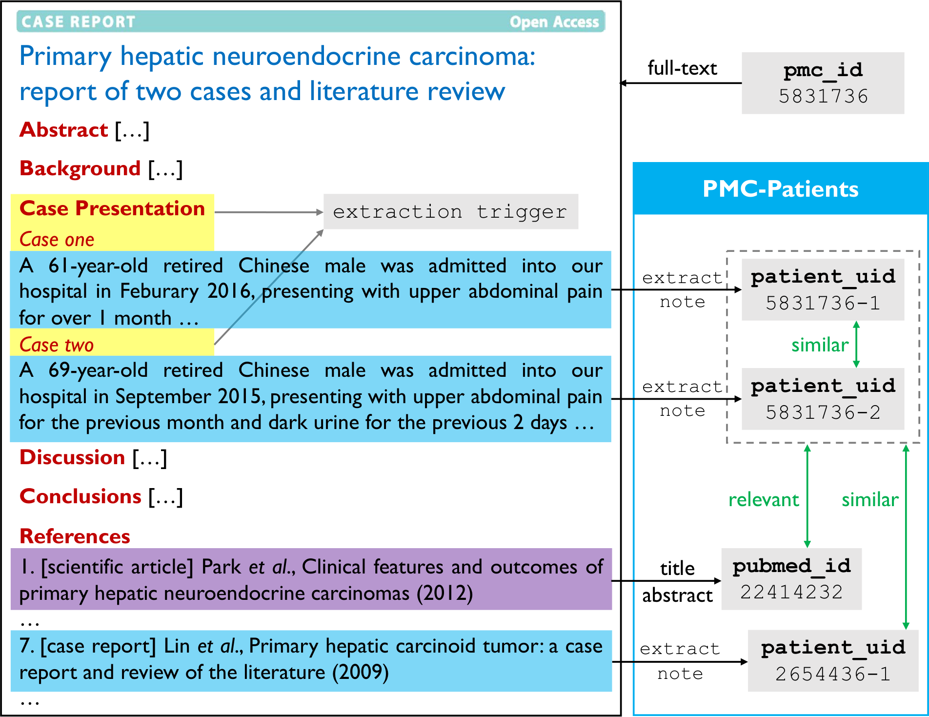Each patient summary is linked to relevant PubMed articles and to similar patients.