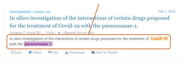 Search-result excerpt from official Figure 1: a COVID-19 and PON1 query retrieves an article with highlighted COVID-19 and paraoxonase-1 mentions.