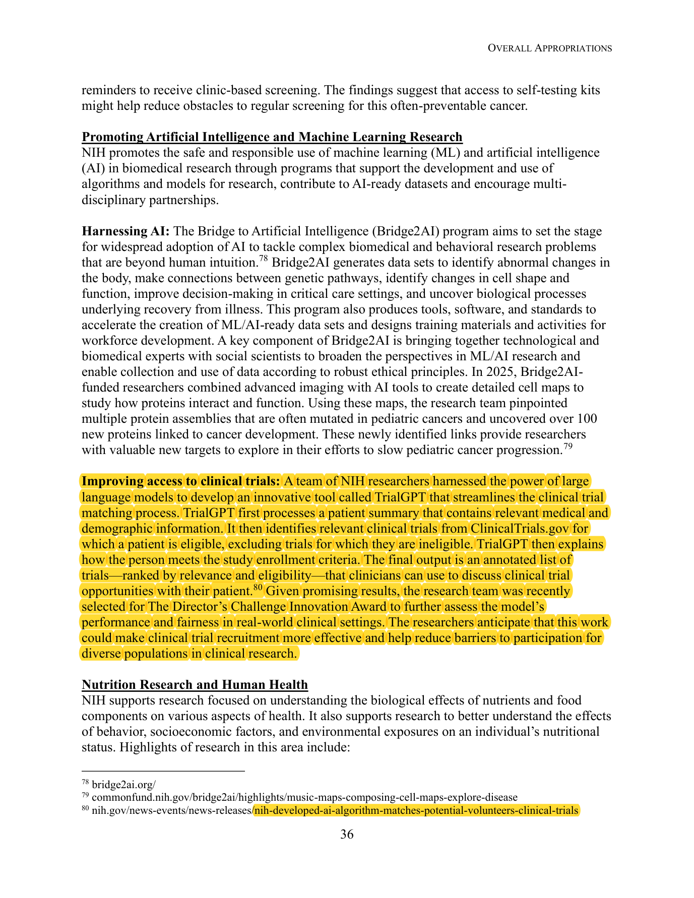 Overall Appropriations page 36 with the TrialGPT paragraph highlighted.