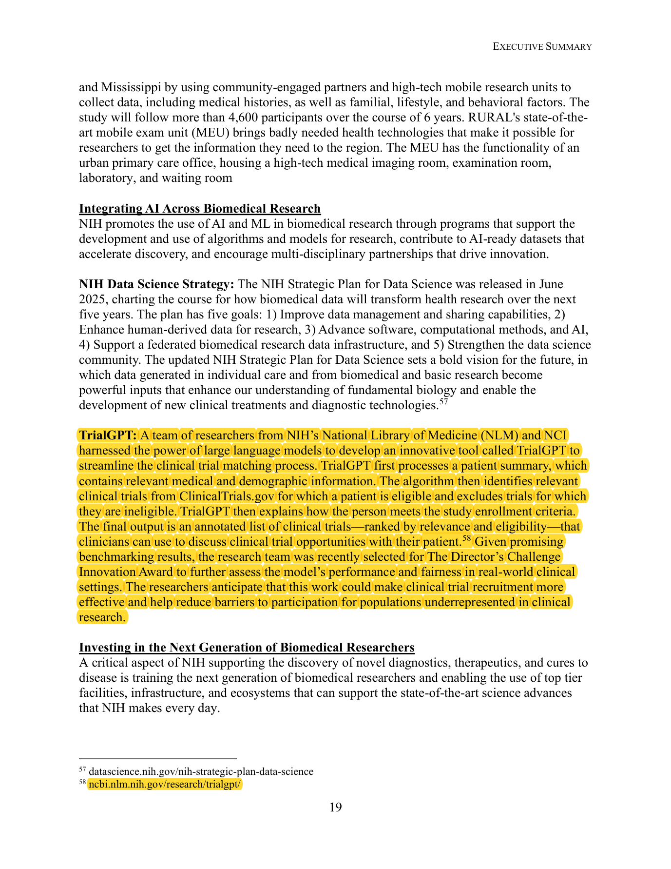 Executive Summary page 19 of the NIH FY2027 budget with the TrialGPT paragraph highlighted.