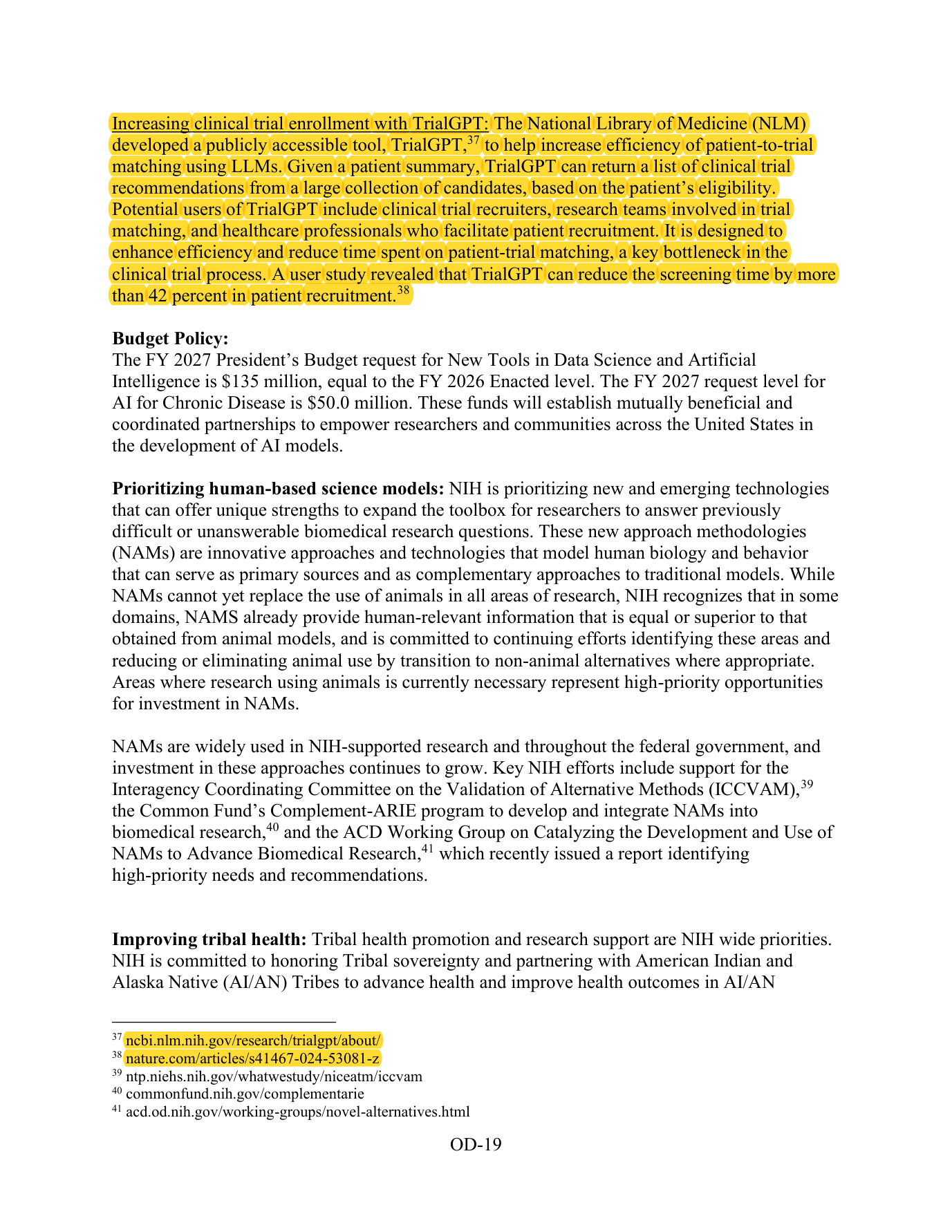Office of the Director volume page OD-19 with the TrialGPT paragraph and its footnotes highlighted.