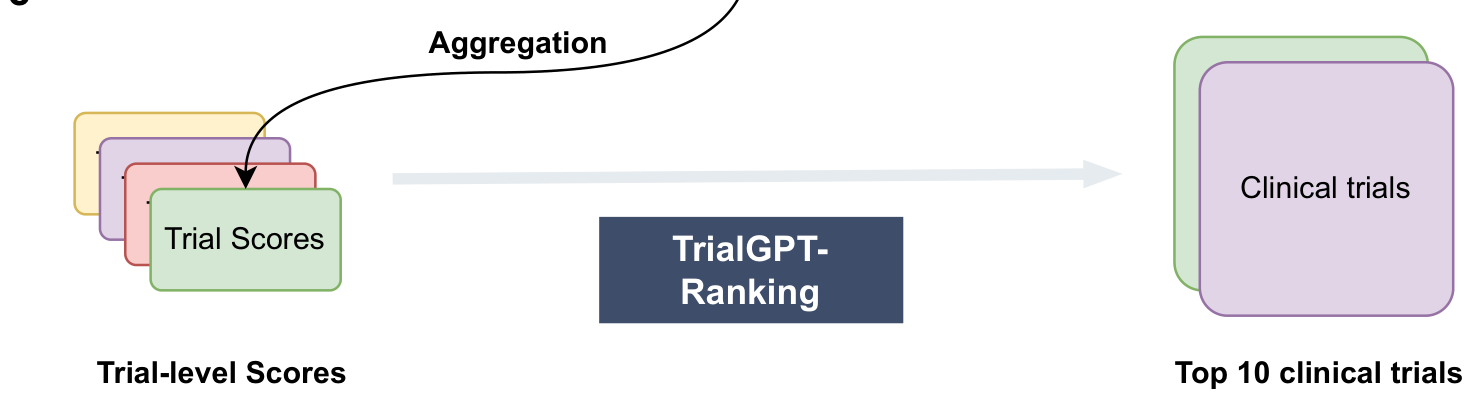 TrialGPT-Ranking aggregates criterion-level analysis into trial-level scores, then returns the top t